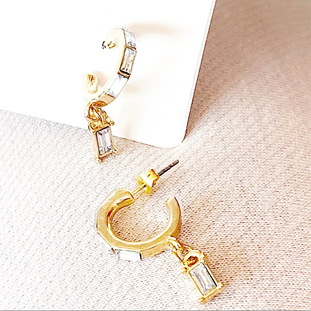 $10 SALE Gold Mini Hoop Rectangle Crystal Drop Earrings